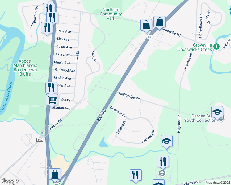 map of restaurants, bars, coffee shops, grocery stores, and more near 79 U.S. 130 in Bordentown