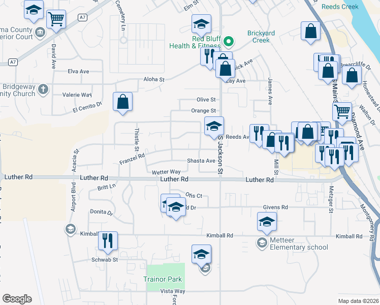 map of restaurants, bars, coffee shops, grocery stores, and more near 925 Franzel Road in Red Bluff
