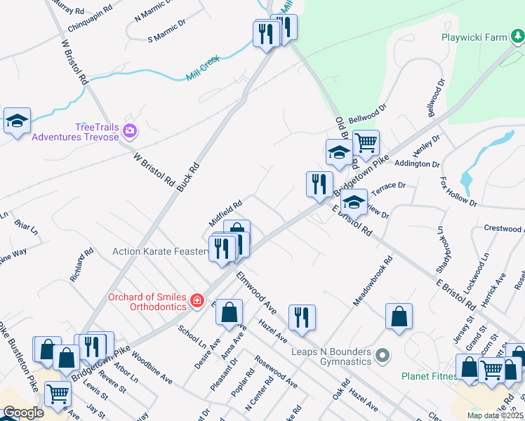 map of restaurants, bars, coffee shops, grocery stores, and more near 34 West Endfield Road in Feasterville-Trevose
