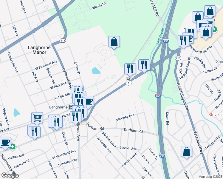 map of restaurants, bars, coffee shops, grocery stores, and more near 424 Lincoln Highway in Langhorne