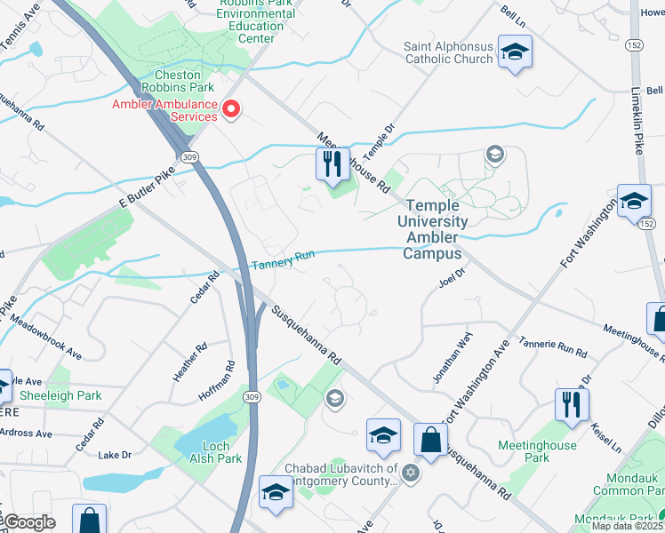 map of restaurants, bars, coffee shops, grocery stores, and more near 1601 Monroe Lane in Ambler