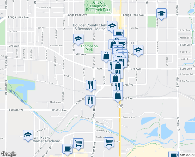 map of restaurants, bars, coffee shops, grocery stores, and more near 212 Pratt Street in Longmont