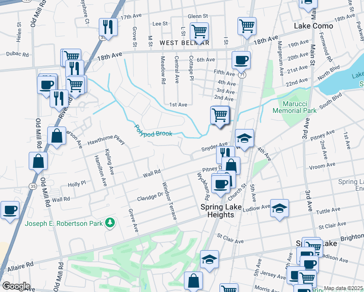 map of restaurants, bars, coffee shops, grocery stores, and more near 10 Royal Court Drive in Spring Lake