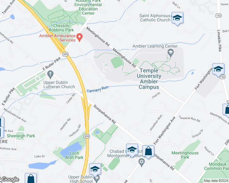 map of restaurants, bars, coffee shops, grocery stores, and more near 1601 Monroe Lane in Ambler