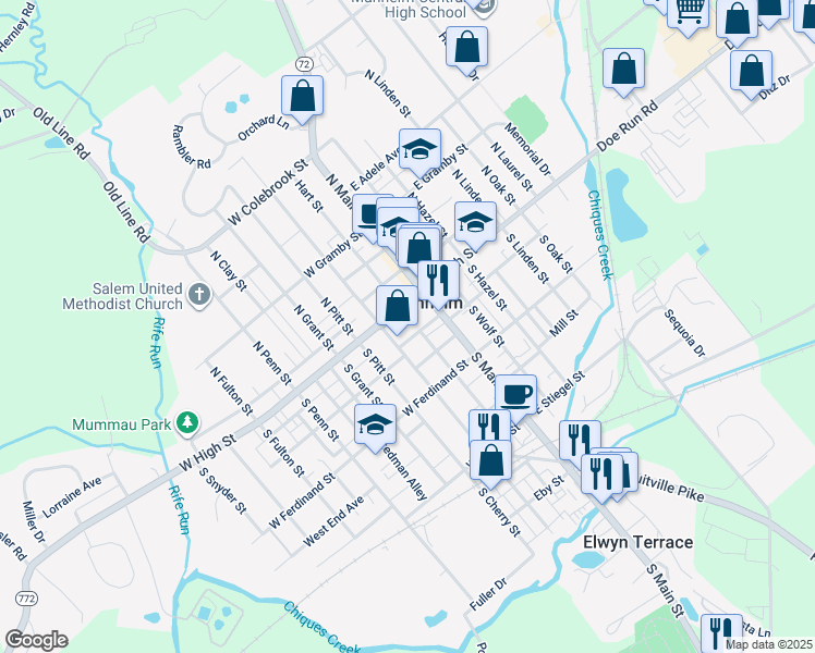 map of restaurants, bars, coffee shops, grocery stores, and more near 25 West Logan Avenue in Manheim