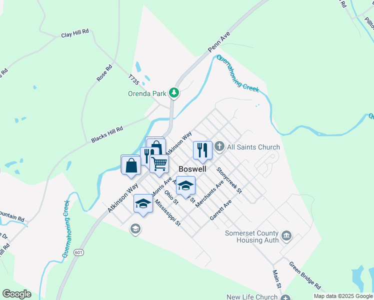 map of restaurants, bars, coffee shops, grocery stores, and more near 228 Center Street in Boswell