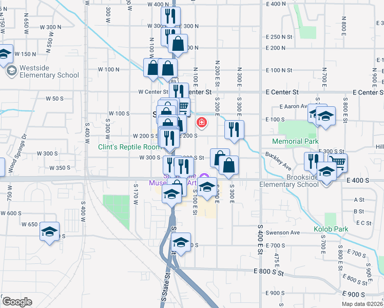 map of restaurants, bars, coffee shops, grocery stores, and more near 91 East 300 South Street in Springville