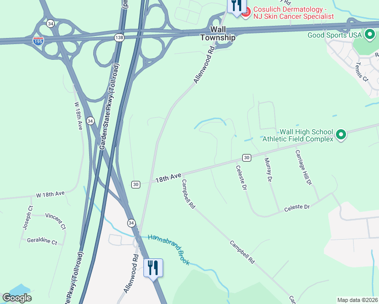 map of restaurants, bars, coffee shops, grocery stores, and more near 3040 18th Avenue in Wall Township