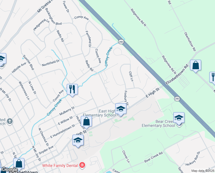map of restaurants, bars, coffee shops, grocery stores, and more near 281 Radio Road in Elizabethtown