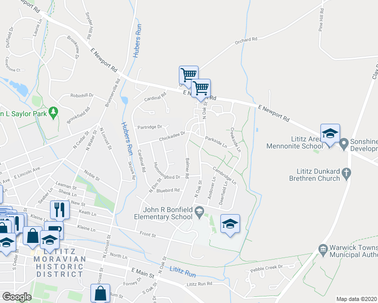 map of restaurants, bars, coffee shops, grocery stores, and more near 347 Balmer Road in Lititz