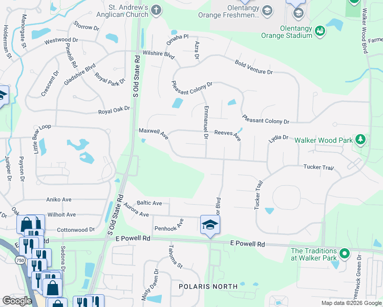 map of restaurants, bars, coffee shops, grocery stores, and more near 2183 Maxwell Avenue in Lewis Center