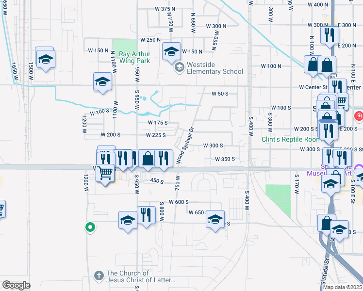 map of restaurants, bars, coffee shops, grocery stores, and more near 358 South 550 West in Springville