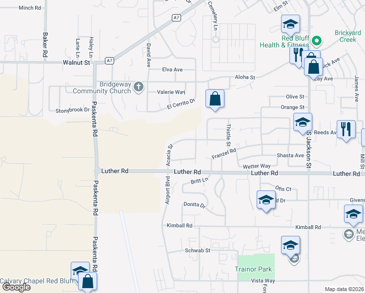 map of restaurants, bars, coffee shops, grocery stores, and more near 1455 Acacia Street in Red Bluff