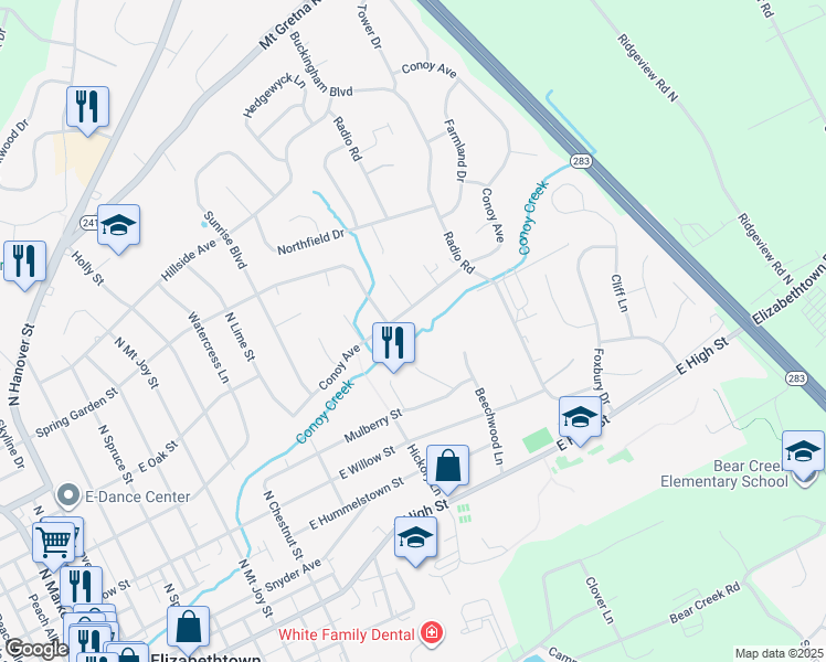 map of restaurants, bars, coffee shops, grocery stores, and more near 500 Hickory Ln in Elizabethtown