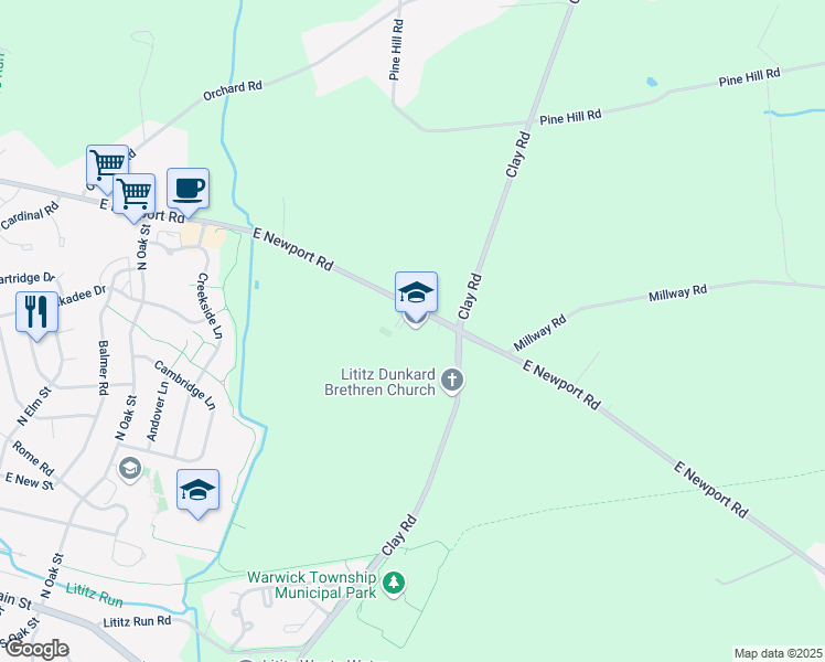 map of restaurants, bars, coffee shops, grocery stores, and more near 1050 East Newport Road in Lititz