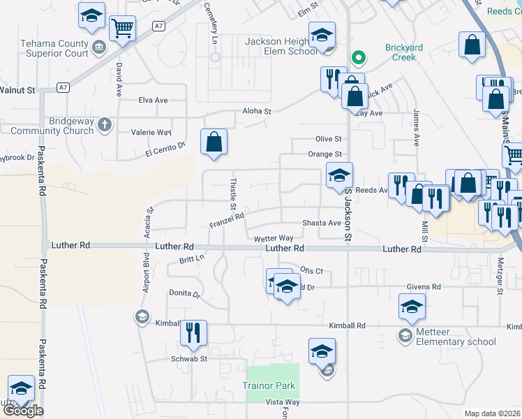map of restaurants, bars, coffee shops, grocery stores, and more near 1154 Franzel Road in Red Bluff