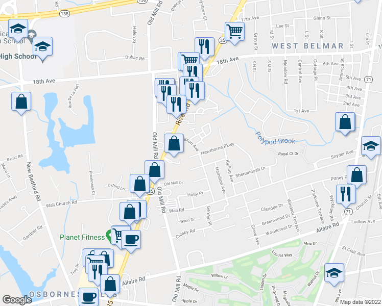 map of restaurants, bars, coffee shops, grocery stores, and more near 1202 Hawthorne Parkway in Spring Lake