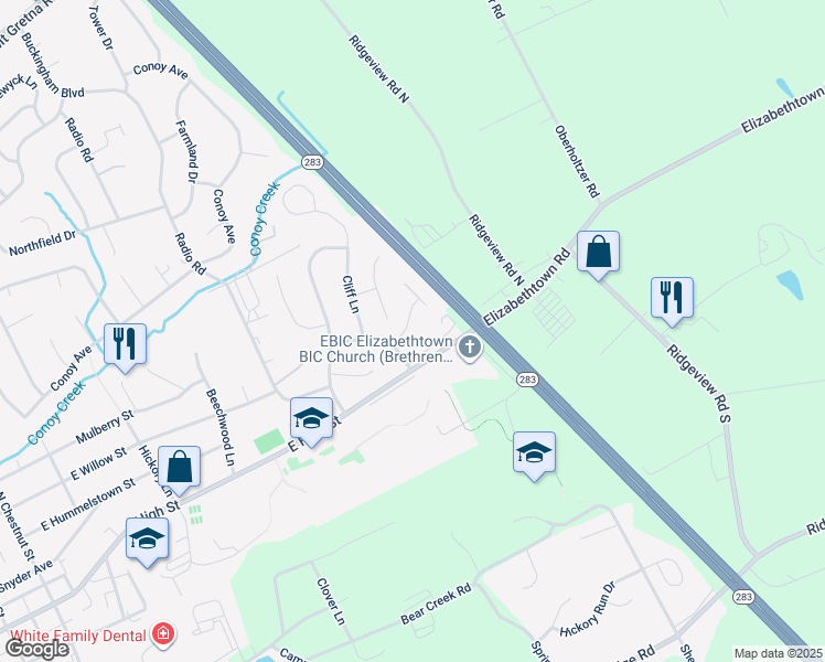 map of restaurants, bars, coffee shops, grocery stores, and more near 119 Foxchase Drive in Elizabethtown