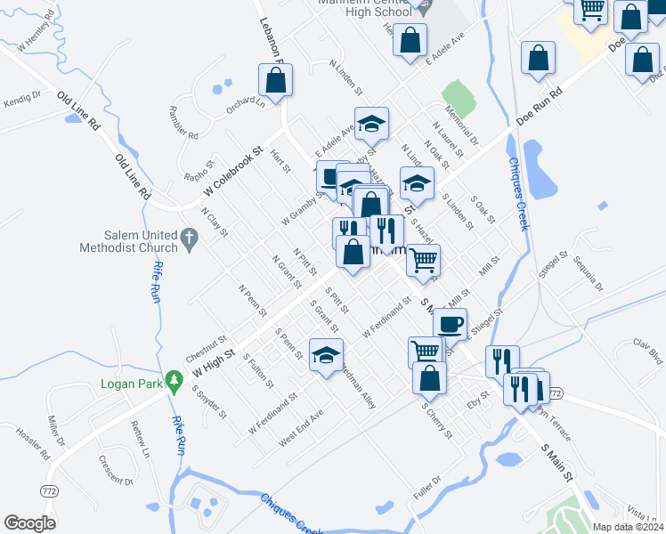 map of restaurants, bars, coffee shops, grocery stores, and more near 2 North Charlotte Street in Manheim