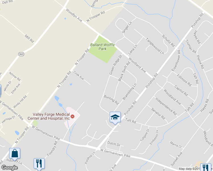 map of restaurants, bars, coffee shops, grocery stores, and more near 3011 Green Ridge Drive in Eagleville