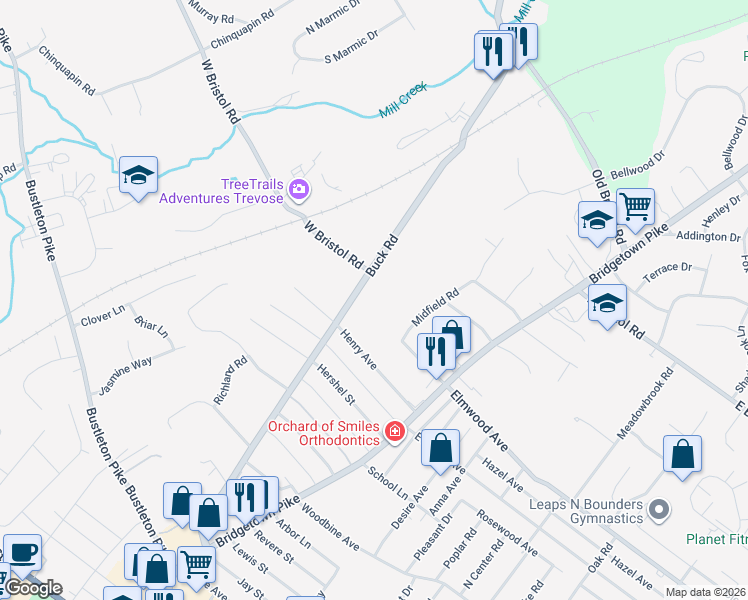 map of restaurants, bars, coffee shops, grocery stores, and more near 1749 Buck Road in Feasterville-Trevose