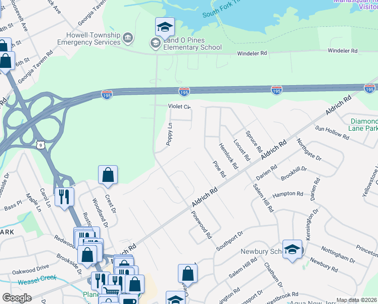 map of restaurants, bars, coffee shops, grocery stores, and more near 16 Burdge Drive in Howell Township
