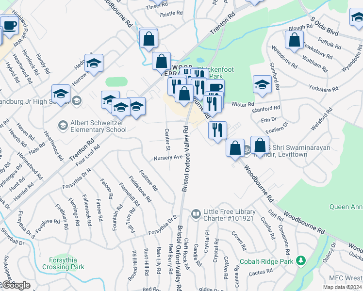 map of restaurants, bars, coffee shops, grocery stores, and more near 1320 Bristol Oxford Valley Road in Levittown