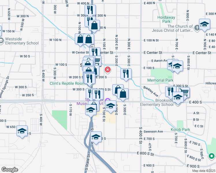 map of restaurants, bars, coffee shops, grocery stores, and more near 195 East 300 South Street in Springville