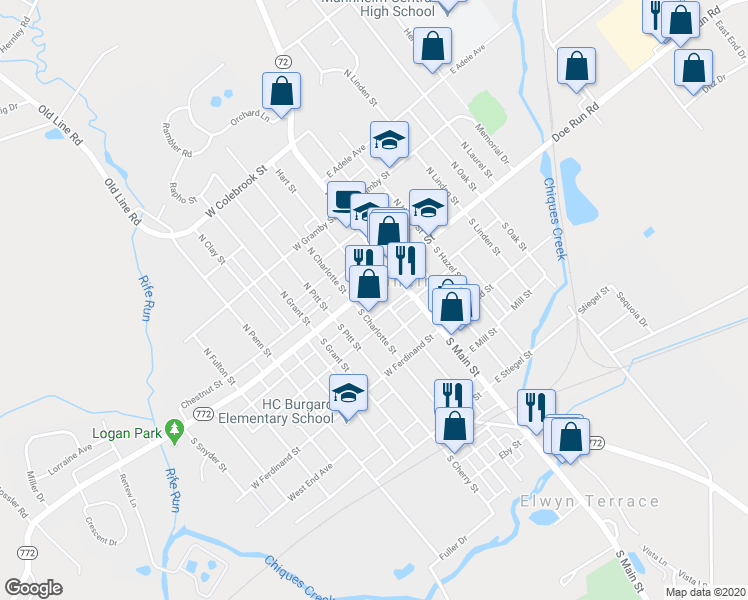 map of restaurants, bars, coffee shops, grocery stores, and more near 37 Market Square in Manheim