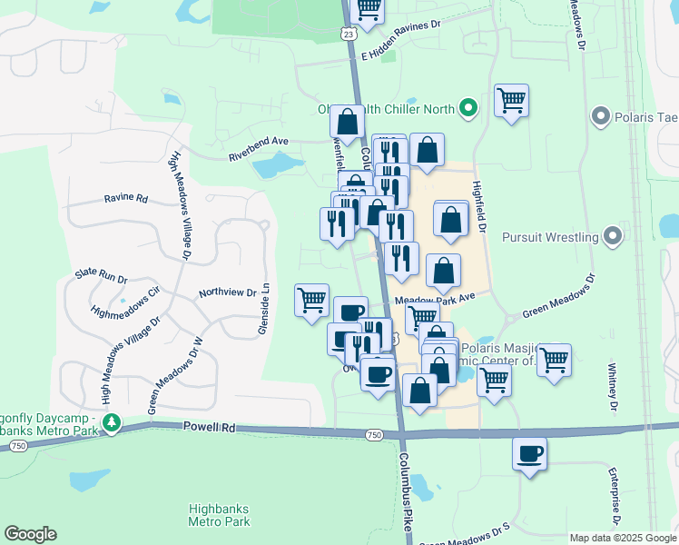 map of restaurants, bars, coffee shops, grocery stores, and more near 79 Cheswick Village Drive in Powell