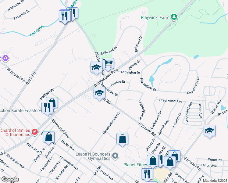 map of restaurants, bars, coffee shops, grocery stores, and more near 26 Mapleview Drive in Feasterville-Trevose