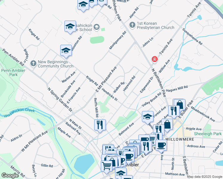 map of restaurants, bars, coffee shops, grocery stores, and more near 227 Hendricks Street in Ambler