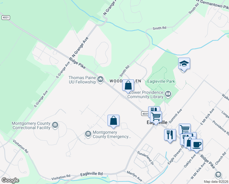 map of restaurants, bars, coffee shops, grocery stores, and more near 3 Wilson Boulevard in Eagleville