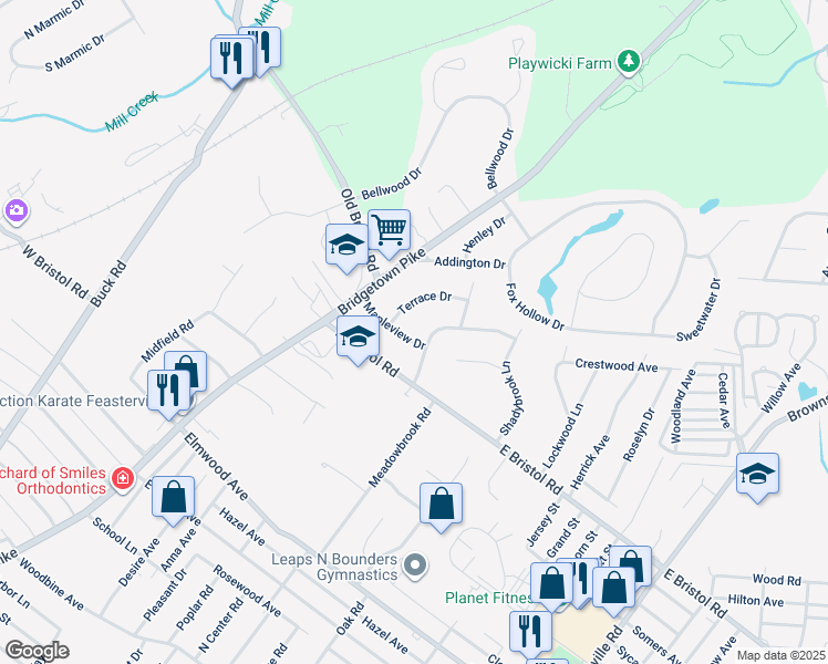 map of restaurants, bars, coffee shops, grocery stores, and more near 26 Mapleview Drive in Feasterville-Trevose
