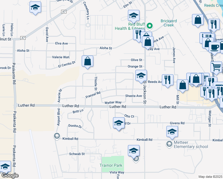 map of restaurants, bars, coffee shops, grocery stores, and more near Franzel Road in Red Bluff