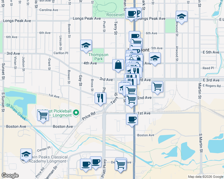 map of restaurants, bars, coffee shops, grocery stores, and more near 225 Terry Street in Longmont