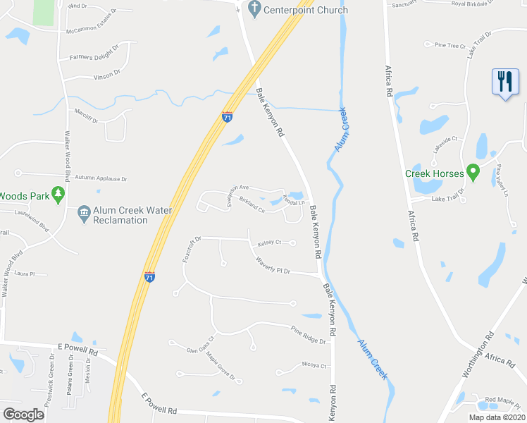 map of restaurants, bars, coffee shops, grocery stores, and more near 3627 Birkland Circle in Lewis Center