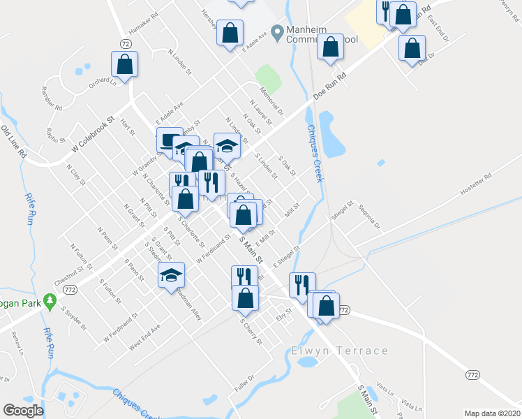 map of restaurants, bars, coffee shops, grocery stores, and more near 99 East Ferdinand Street in Manheim