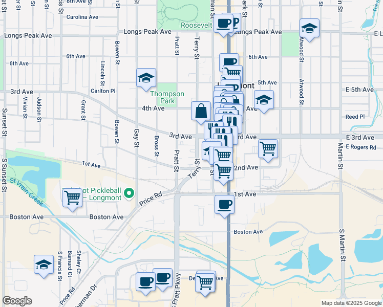 map of restaurants, bars, coffee shops, grocery stores, and more near in Longmont
