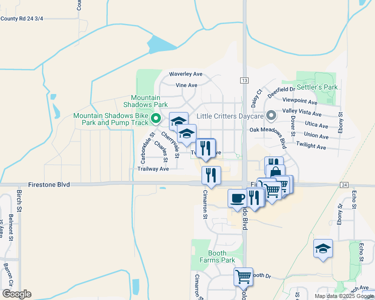 map of restaurants, bars, coffee shops, grocery stores, and more near 5753 Twilight Avenue in Firestone