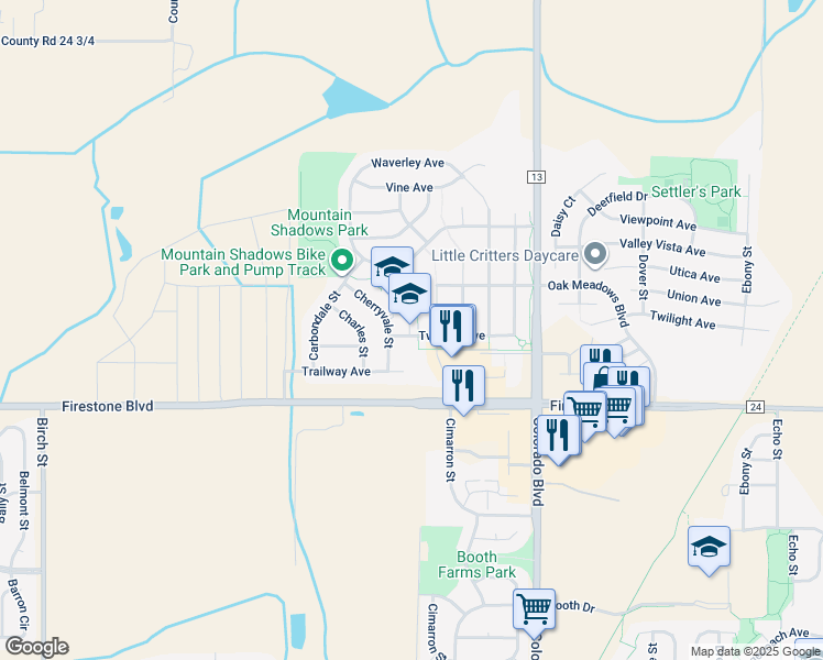 map of restaurants, bars, coffee shops, grocery stores, and more near 5753 Twilight Avenue in Firestone