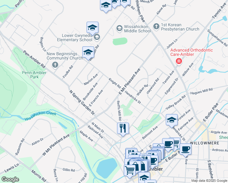 map of restaurants, bars, coffee shops, grocery stores, and more near 309 Daniel Drive in Ambler
