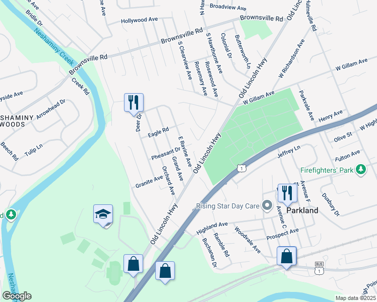 map of restaurants, bars, coffee shops, grocery stores, and more near 527 East Ravine Avenue in Langhorne