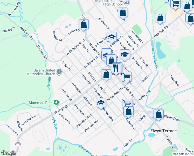 map of restaurants, bars, coffee shops, grocery stores, and more near 16 North Charlotte Street in Manheim