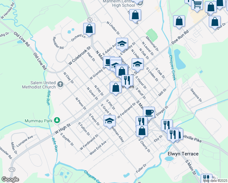 map of restaurants, bars, coffee shops, grocery stores, and more near 45 Market Square in Manheim
