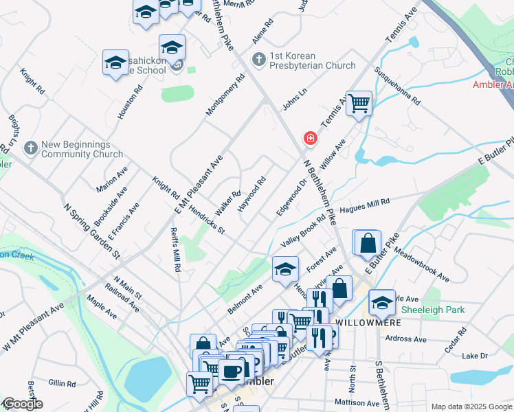 map of restaurants, bars, coffee shops, grocery stores, and more near 411 Tennis Avenue in Ambler