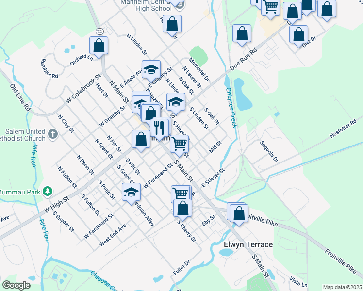 map of restaurants, bars, coffee shops, grocery stores, and more near 27 East Ferdinand Street in Manheim