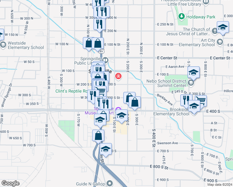 map of restaurants, bars, coffee shops, grocery stores, and more near 91 East 300 South Street in Springville