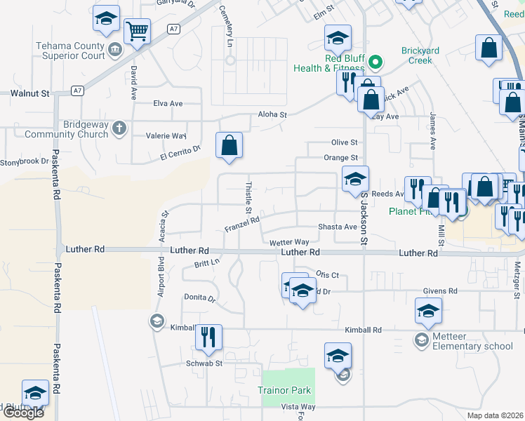 map of restaurants, bars, coffee shops, grocery stores, and more near 805 Poplar Drive in Red Bluff