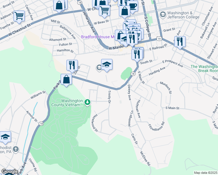 map of restaurants, bars, coffee shops, grocery stores, and more near 101 Trinity Drive in Washington